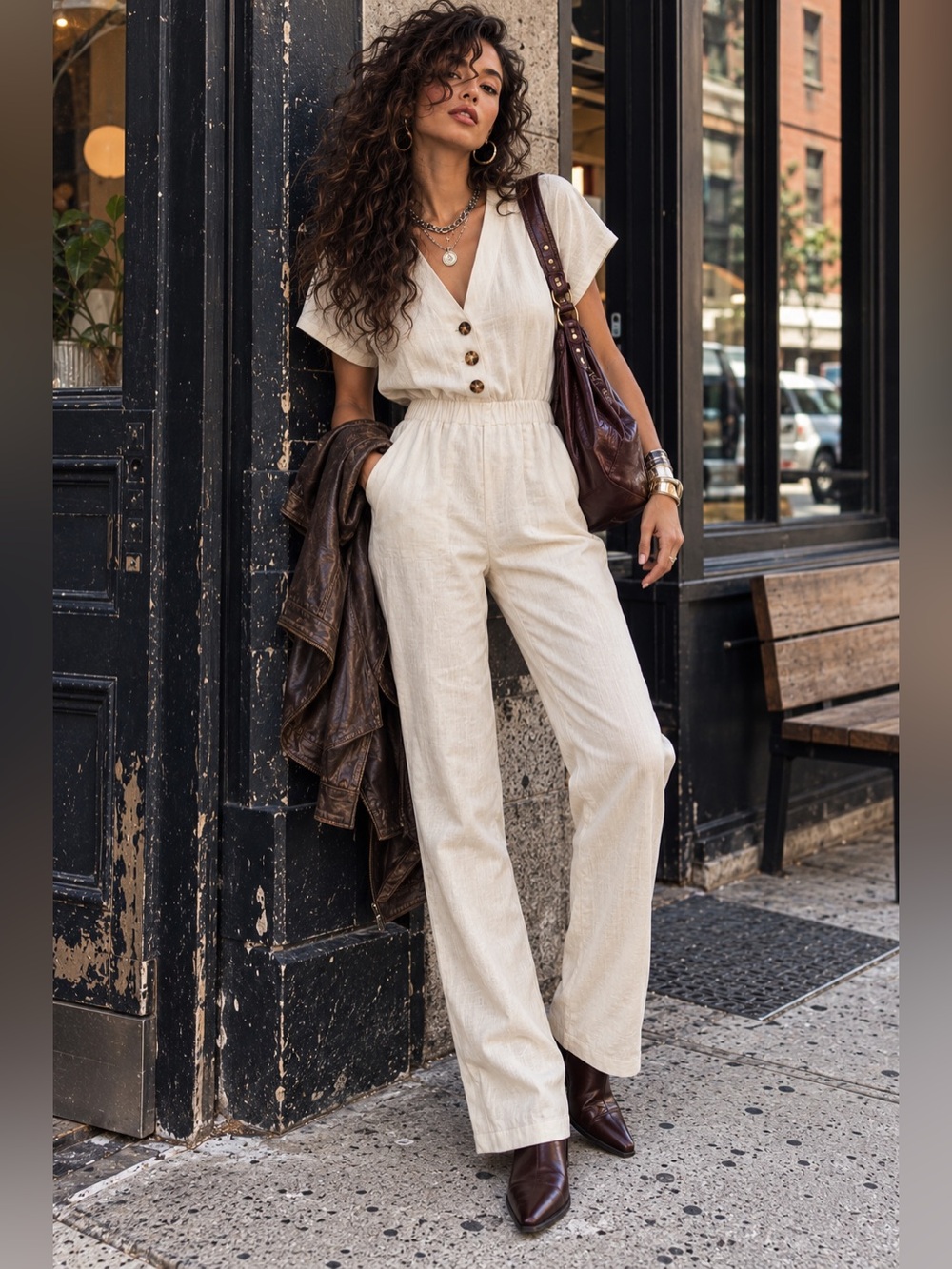 Nasty Gal Cream Linen Blend Button Front Wide Leg Jumpsuit Romper Size 4